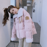 羊羔毛拼接羽绒服女2024冬季新款韩版设计感宽松加厚90白鸭绒外套，女装羽绒服，Mushroom
