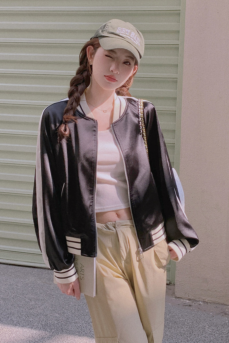 【出货中网红款】缎面拼色BF风棒球服外套短款2305P135K188,女装短外套,Mushroom