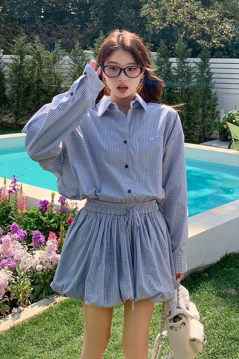 26年春大货韩系格子衬衫+高腰花苞短裙套装28006-P130K178,女装套装/套裙,2B220