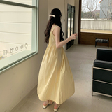 黄色压褶法式吊带连衣裙女夏季2025时尚新款温柔风小个子百搭长裙，女装连衣裙，Mushroom