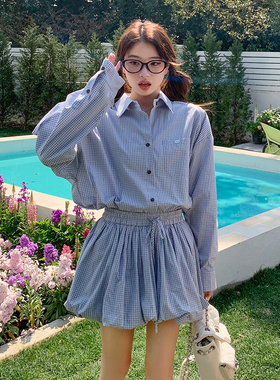 26年春大货 爆款韩系格子衬衫+高腰花苞短裙套装28006-P130K178