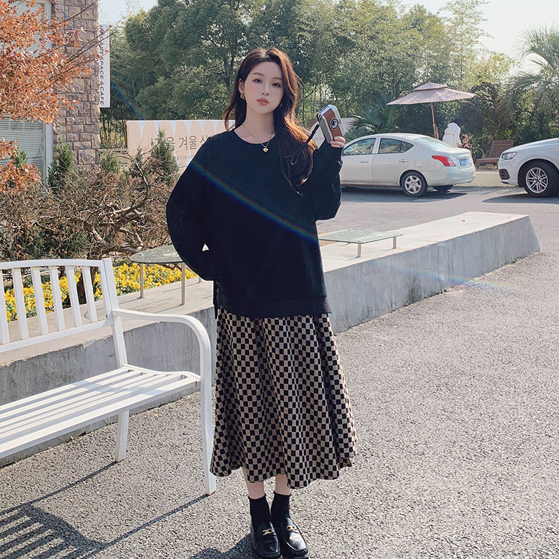 格子拼接假两件卫衣裙女春秋宽松显瘦遮肚减龄2025新款休闲连衣裙,女装卫衣/绒衫,Mushroom
