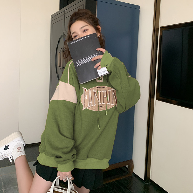 高品质复古拼色华夫格长袖卫衣男女情侣潮牌宽松设计感百搭Polo衫,女装卫衣/绒衫,Mushroom