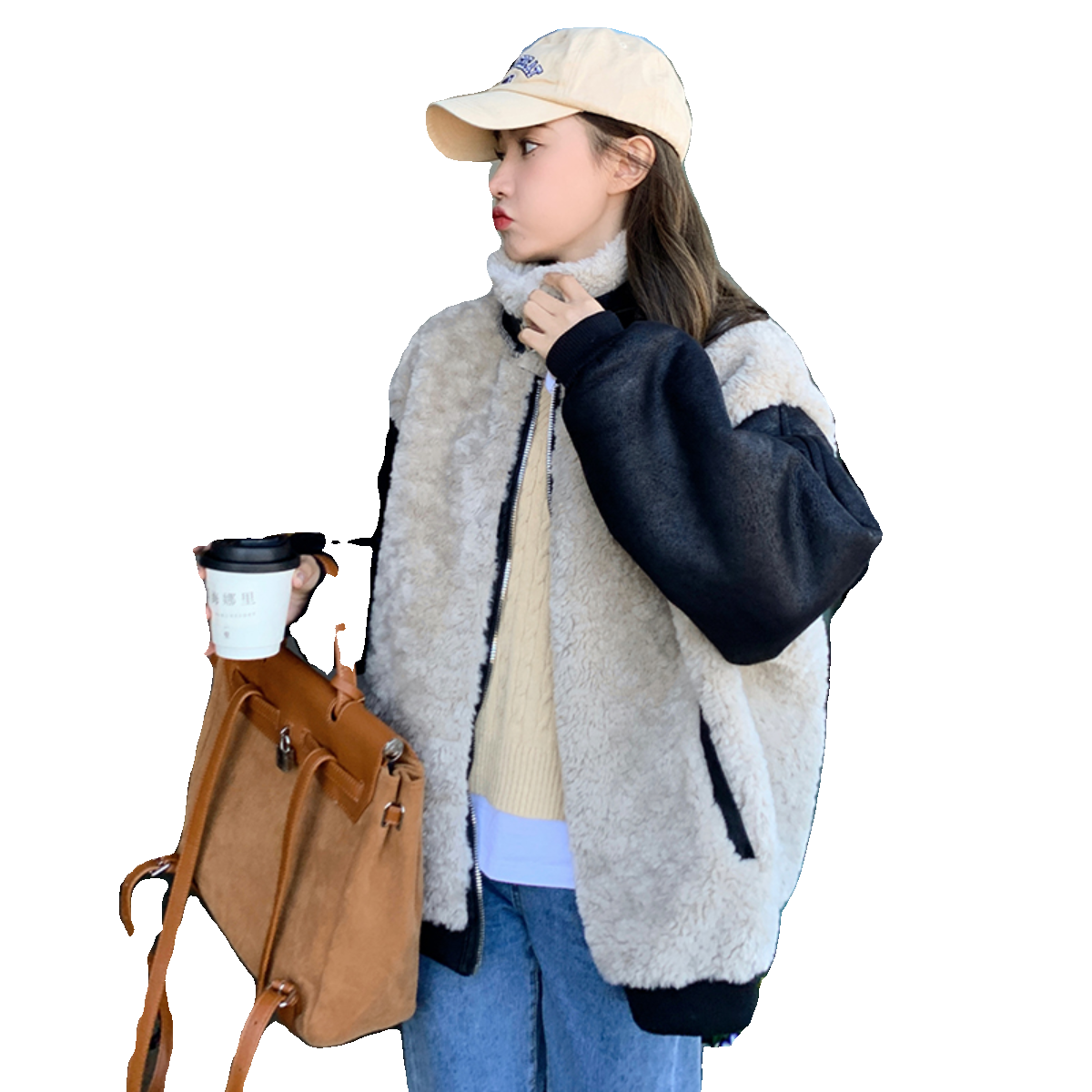 加厚羊羔毛外套女冬2024新款短款小个子立领休闲宽松炸街机车上衣,女装短外套,Mushroom