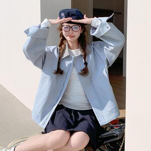 撞色翻领韩系短款工装蓝色外套女春秋独特漂亮巨好看轻熟夹克上衣图片