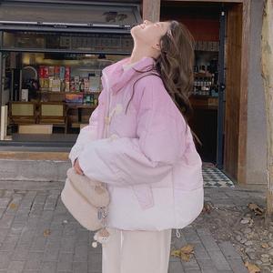 渐变粉紫色牛角扣羽绒棉服女冬季短款学院风甜美风小个子爆款棉衣图片