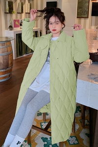 绿色菱格轻薄羽绒服女冬新款加厚70白鸭绒韩系中长款过膝厚外套图片