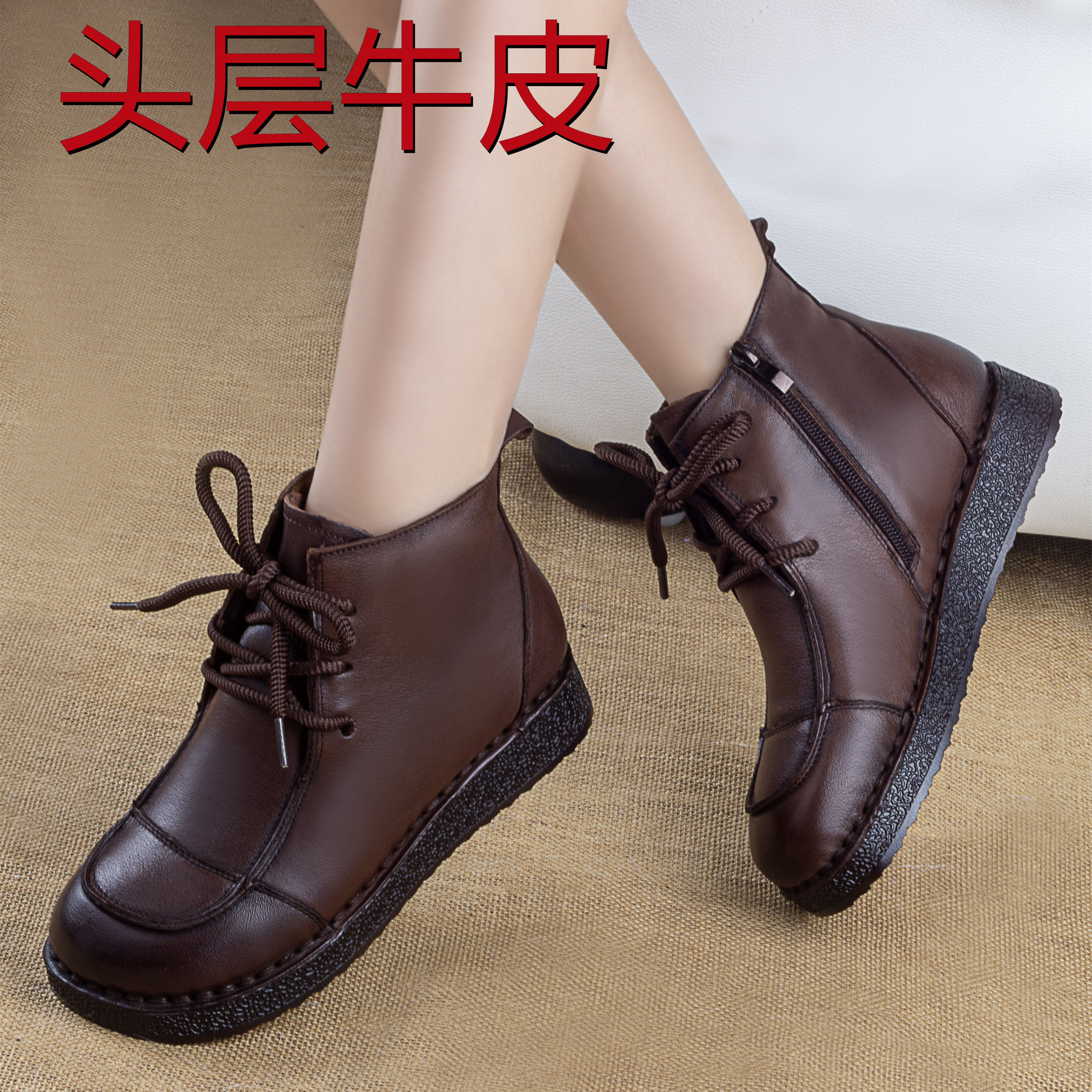 原创女鞋真皮靴子女2025冬新款复古马丁靴头层牛皮牛筋底加绒棉鞋