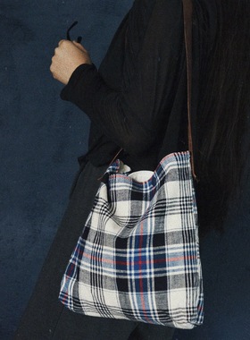 【时舟】蓝白格窄幅手工织布 上海老布土布 皮把手拎包