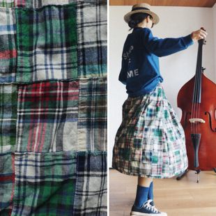 【时舟】马德拉斯格纹纯棉拼色面料 双兜松紧腰 复古文艺半身裙