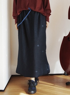 【时舟】蓝色羊毛粗裁边和斜纹藏青羊毛 秋冬保暖 双兜直筒半身裙