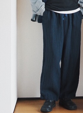 【时舟】横滨藏青细腻砂洗亚麻有机棉 男女同款 中性工装休闲裤