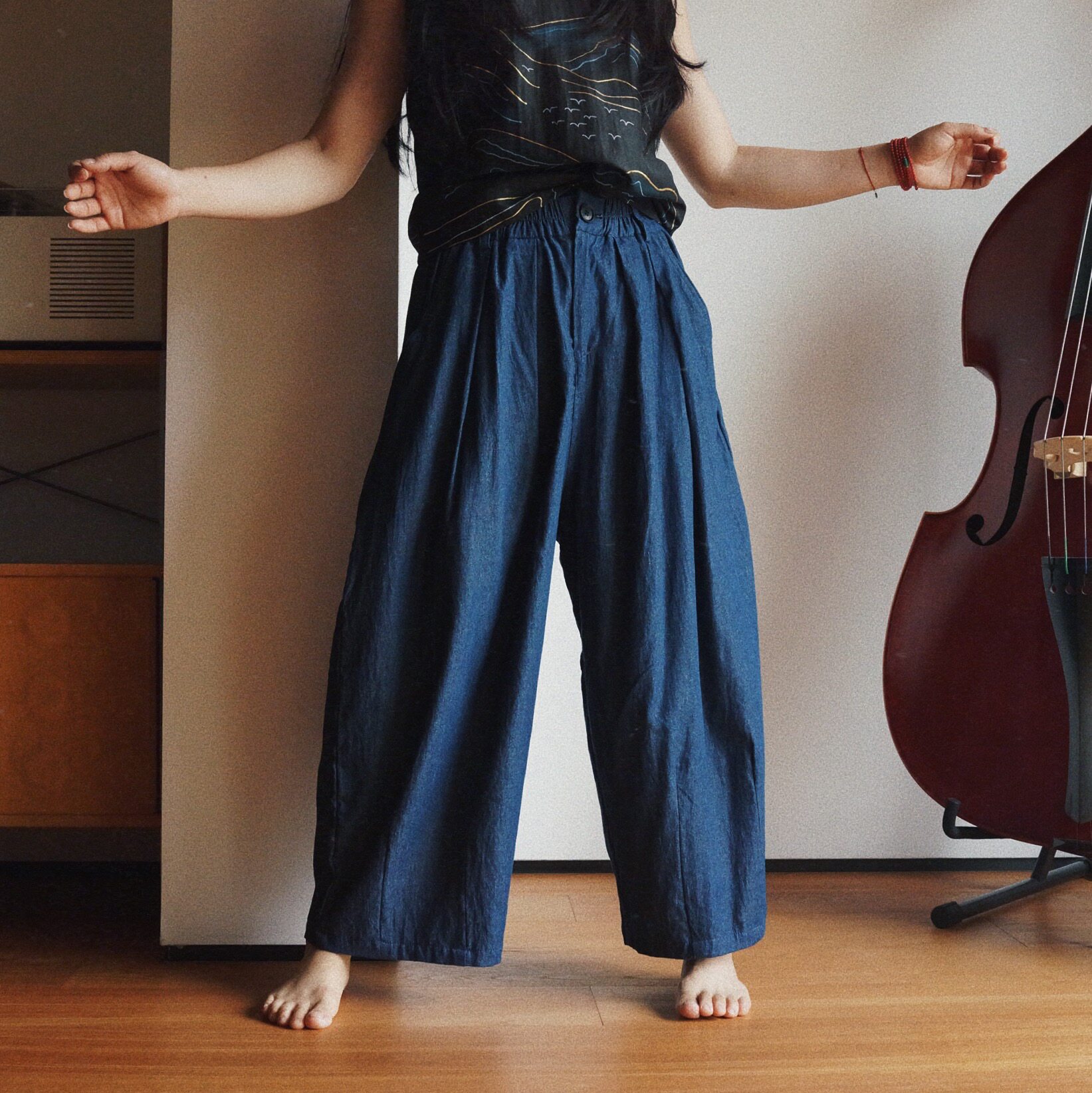 【时舟】夏季蓝色进口薄款深蓝牛仔棉 中性百搭 松紧腰围大廓形裤