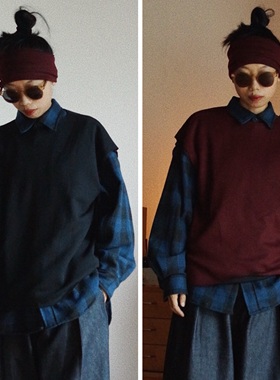 【时舟】红黑双面双色针织薄羊毛混纺面料 粗裁边卷边叠穿薄马甲