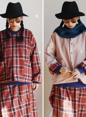 【时舟】复古红格羊毛呢 浅粉灯芯绒棉 冬季双面穿圆领双兜上衣