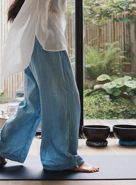 【时舟】indigo浅蓝植物染 运动瑜伽阔腿裤 抽绳灯笼裤防蚊直筒裤