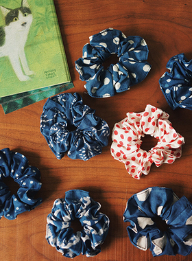 【时舟】限量蓝圆点  Indigo印度木版印薄棉布 发圈发饰 头绳发带