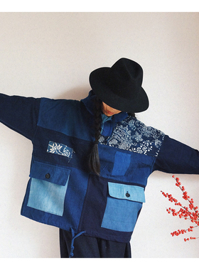 【时舟】 植物蓝染 蓝印花古布 拼布风格 smock 男女同款带帽罩衣