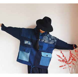 藍(lán)印花古布 植物藍(lán)染 時(shí)舟 帶帽罩衣 smock 男女同款 拼布風(fēng)格