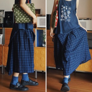 【时舟】N种变化的系绳长裙 三色蓝格薄棉面料 可变化夏季半身裙