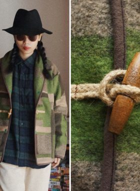 【时舟】绿色几何羊毛呢 中性木扣款 包边果领保暖上衣外套