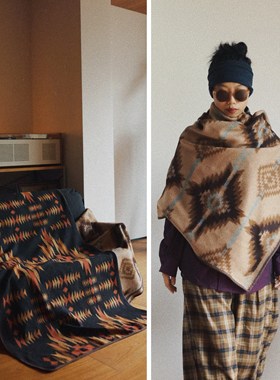 【时舟】复古印第安纳瓦霍风格 进口羊毛呢 秋冬保暖盖毯围巾披肩