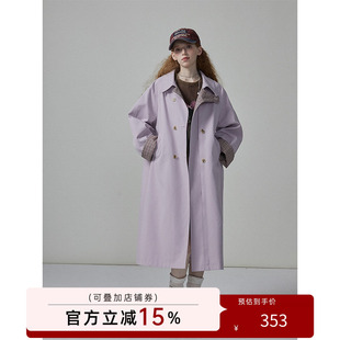 猫酱紫 格纹拼接风衣女秋季复古翻领宽松气质中长款纯棉外套