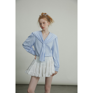 复古长袖 女法式 上衣V领设计感衬衣 波点领结衬衫 猫酱紫