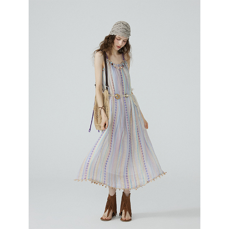 猫酱紫白月光长裙刺绣罩衫/条纹吊带裙
