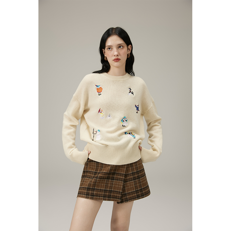 猫酱紫100绵羊毛刺绣圆领毛衣