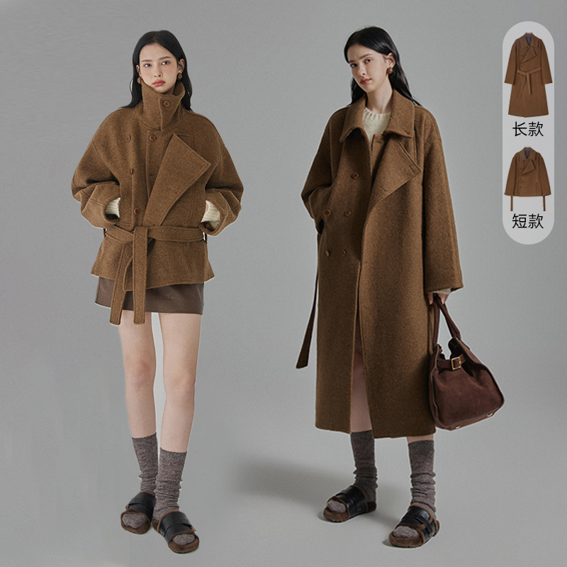 猫酱紫 栗棕色羊驼毛混纺毛呢大衣双门襟气质长短款外套
