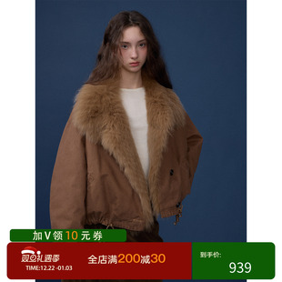 猫酱紫 90%白鹅绒狐狸毛领派克服女复古宽松慵懒感皮草外套