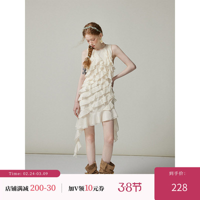 猫酱紫 三色花边蛋糕裙女设计感不规则叠穿连衣裙（送安全裤）