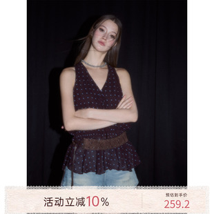 猫酱紫 V领波点辣妹风上衣女夏季法式复古无袖衬衫（送腰带）