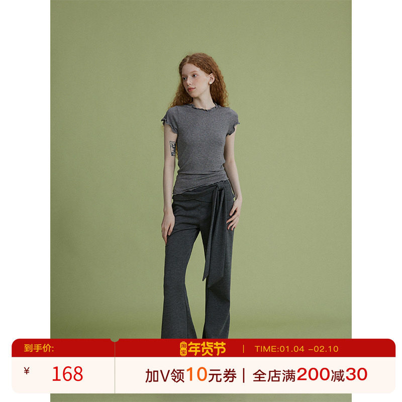 猫酱紫修身气质花边T恤/设计感喇叭裤/工装大口袋阔腿牛仔裤,女装/女士精品,时尚套装,淘宝优惠券,粉丝福利购,淘宝优惠卷