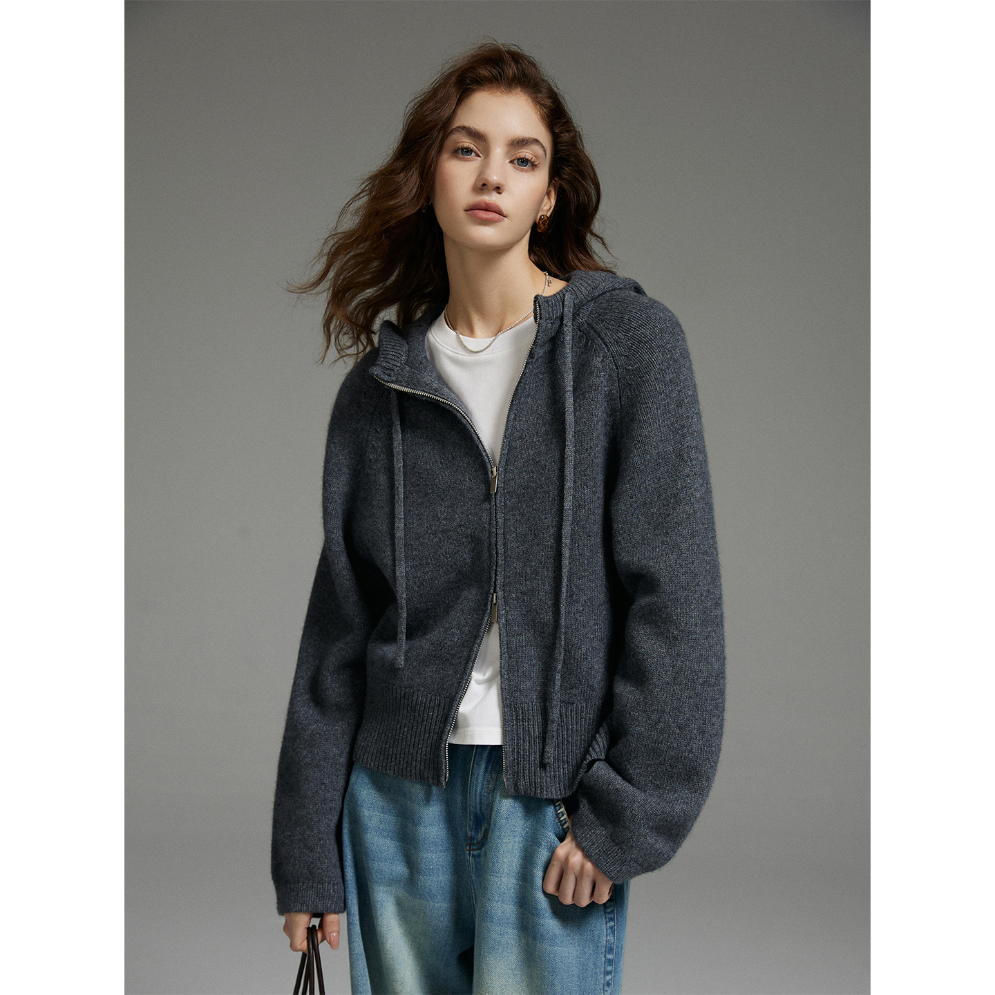 猫酱紫 100%绵羊毛双拉链开衫女秋冬连帽设计感毛衣简约针织上衣