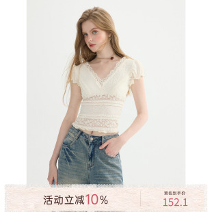猫酱紫 法式蕾丝T恤女夏季V领收腰修身上衣漂亮纯欲风短款小衫