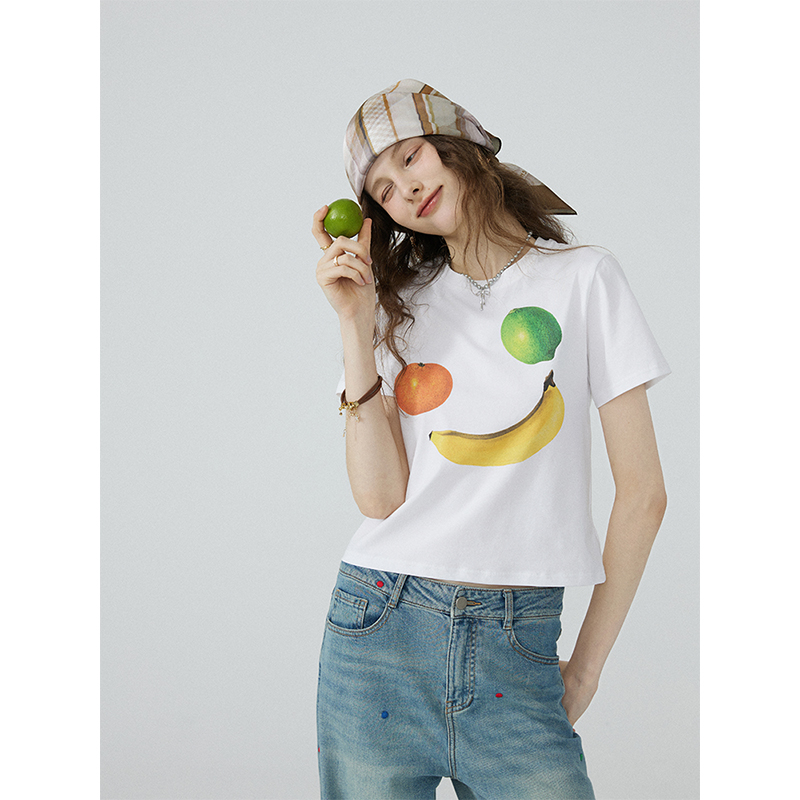 猫酱紫笑脸水果T恤女夏季设计感印花短款修身短袖上衣