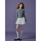 显瘦内搭打底衫 T恤女修身 高腰蓬蓬裙 斜肩蕾丝拼接长袖 猫酱紫