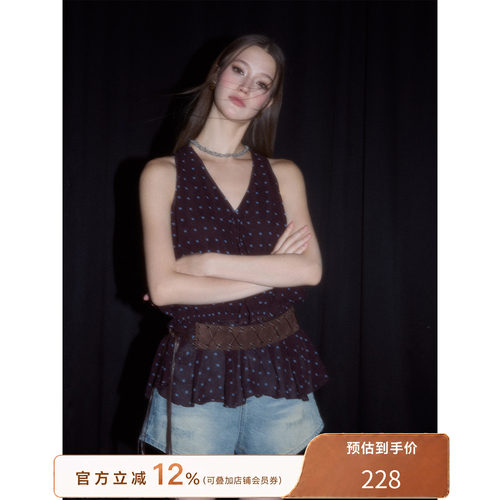 猫酱紫 V领波点辣妹风上衣女夏季法式复古无袖衬衫（送腰带）