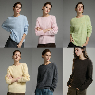 猫酱紫 羊毛山羊绒混纺无缝一体拉毛毛衣纯色圆领套头针织上衣