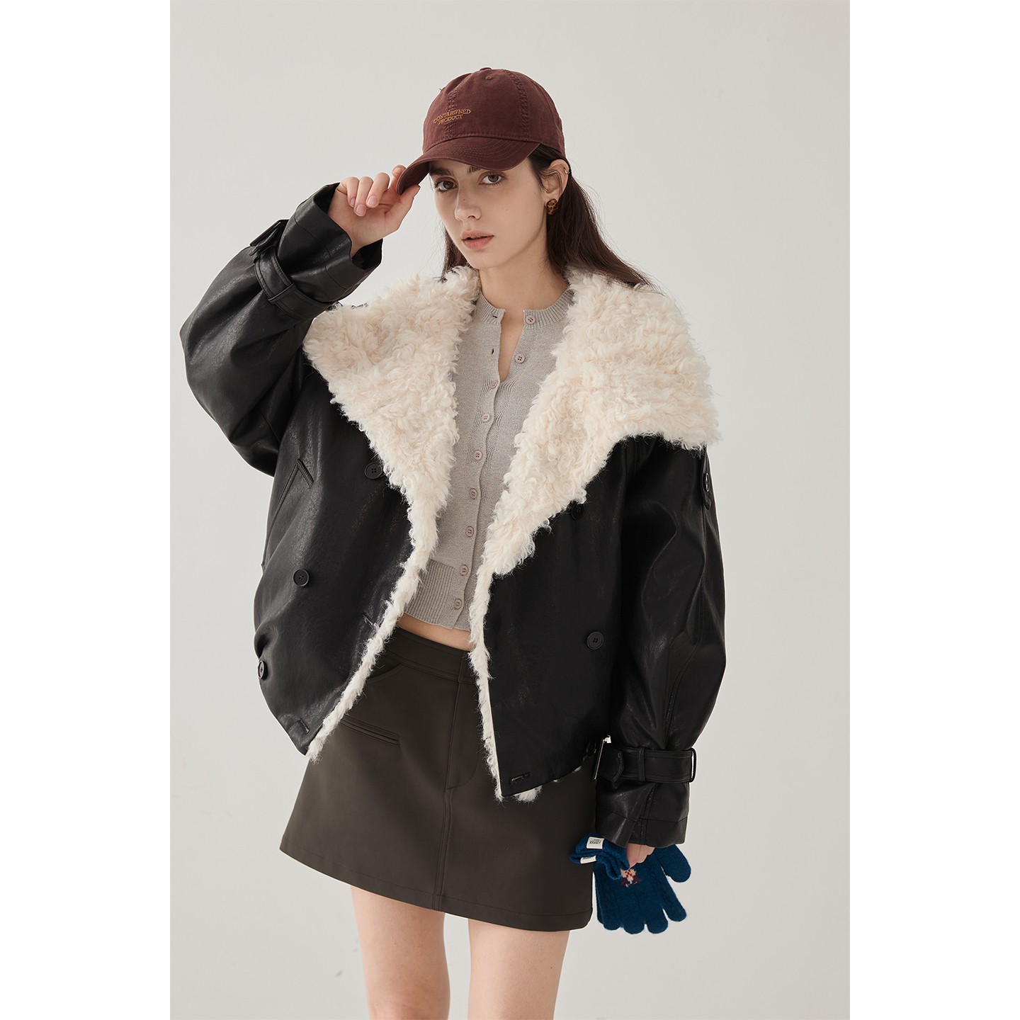 猫酱紫大翻领机车风短款外套女秋冬气质pu毛毛上衣