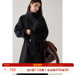 猫酱紫100%绵羊毛气质设计感斜襟荡领大衣女秋冬高级感双面呢外套