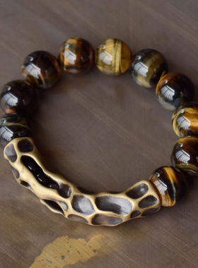 卓岸林原创复古黄蓝虎眼石手链男 个性大珠子文玩手串 中性饰品