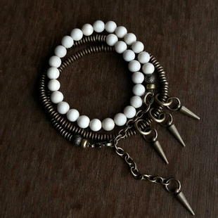 原创复古白化石黄铜项链手链两用女 简约百搭白河石饰品 多圈叠戴