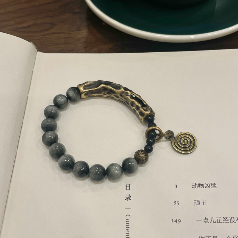 原创复古灰色鹰眼石单圈手链女 中性风个性新中式国潮珠子手串男