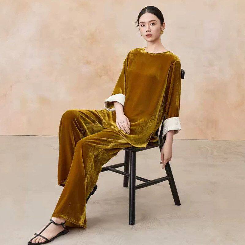 桑蚕丝真丝绒长裤女新款2026春秋真丝丝绒裤子软糯复古文艺长裤潮