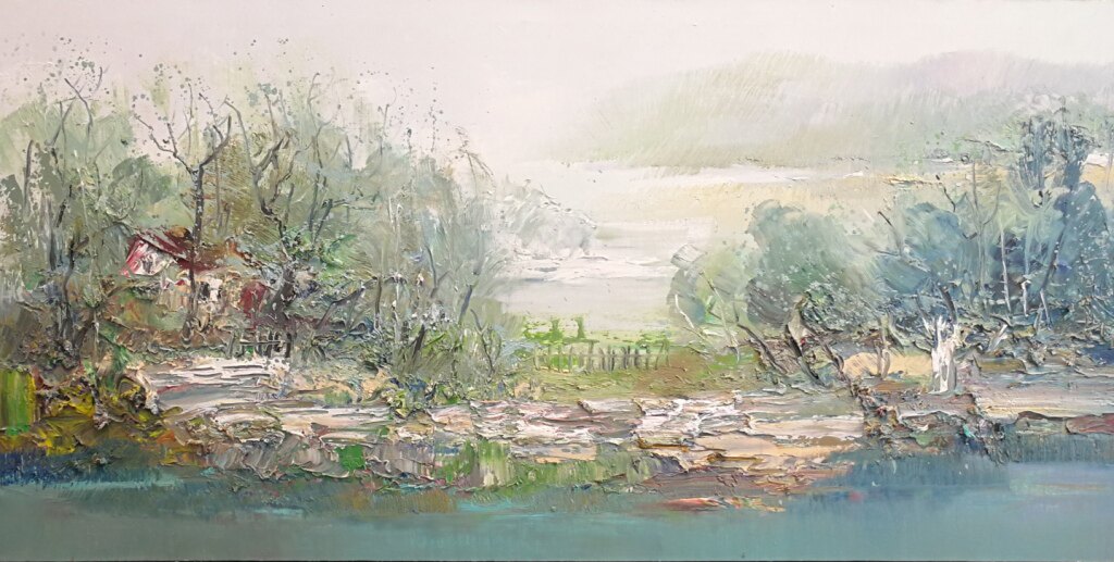 忆江南,写意中国油画家王柏松,表现意象抽象山水风景风水画礼物品