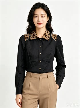 衣讯撤柜复古文艺设计感豹纹拼接白色衬衫港风休闲西装衬衣春秋款
