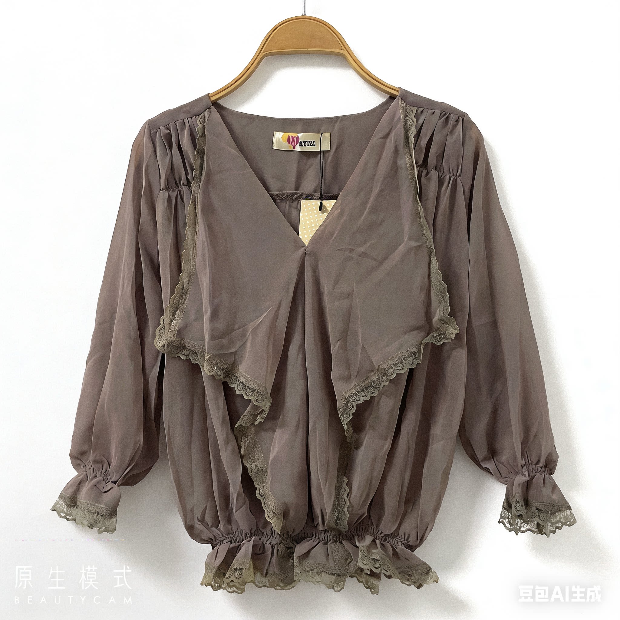 2026年春夏新款蕾丝拼接雪纺衫女七分袖V领宽松气质薄款套头上衣